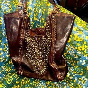 Brown Tote Bag with Decorative Panel and Leather Handles